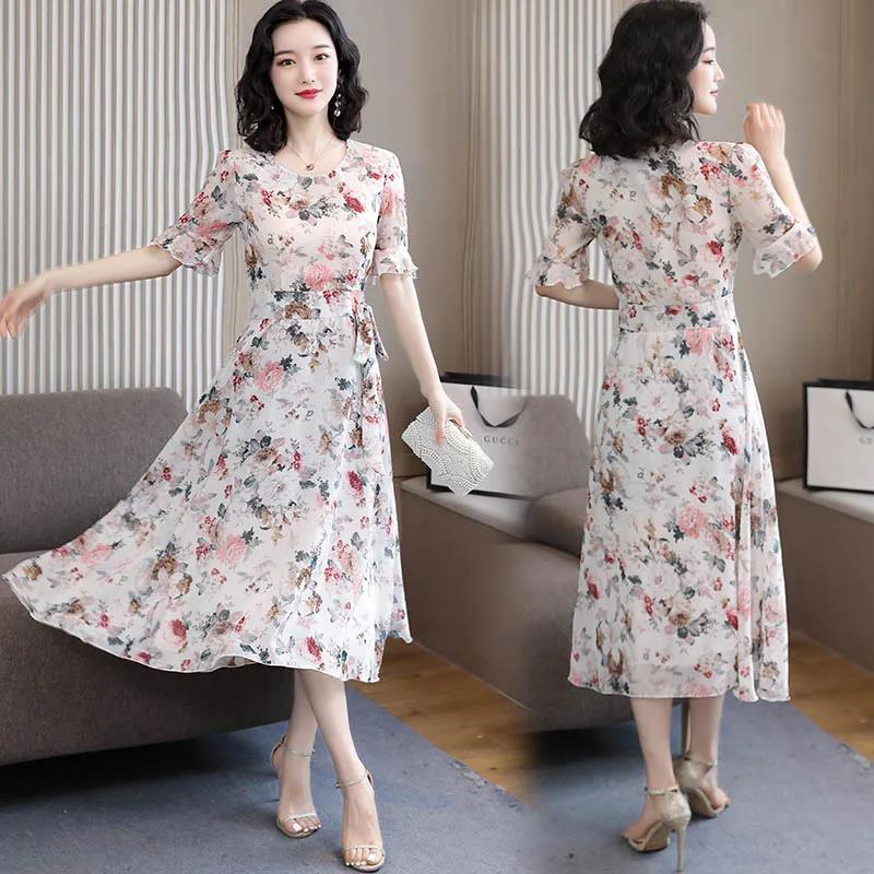 Short-sleeved Chiffon Dress Women's Summer Large Size Waist Was Thin and Long Round Neck Floral Skirt Fashionable Temperament