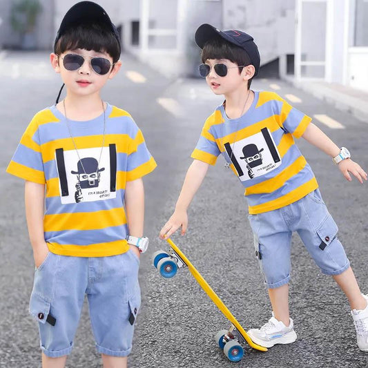 Children's Clothing Boys Summer Suit Short-sleeved Pullover Top + Denim Shorts Boys Sports Leisure Breathable and Comfortable Two-piece Suit