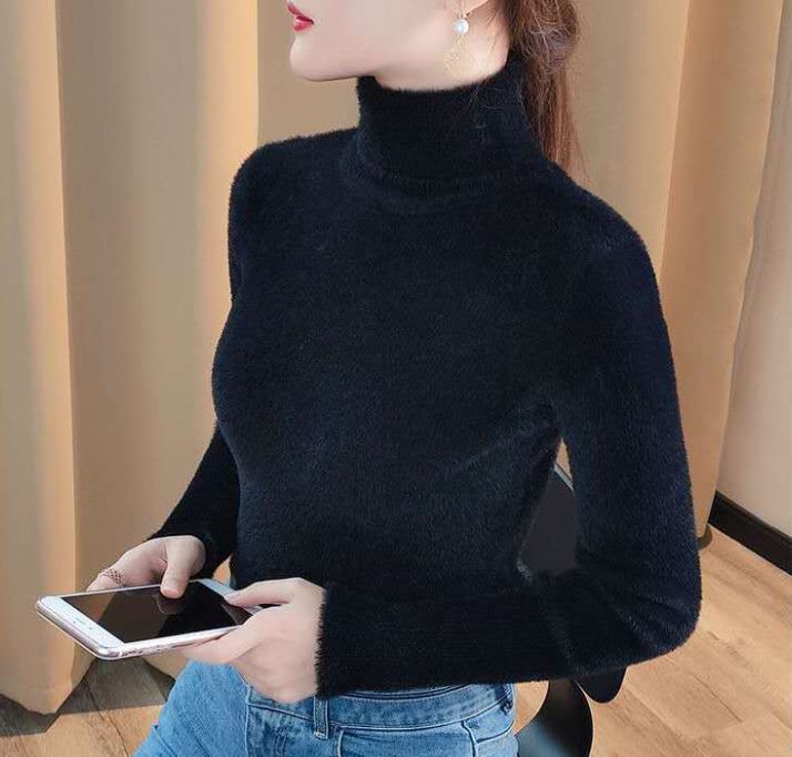 Mink Fleece Sweater Thickened Turtleneck Pullover Winter Warm All-match Knitted Sweater Large Size for Women