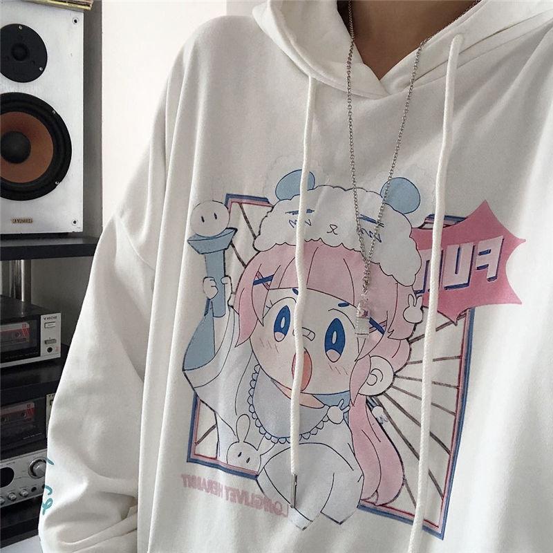 Japan Anime Sweatshirts Women White Hooded Tops Fashion Pullovers Hoodies Fall Winter Thick Fleece Harajuku Hoodies Ladies Casual Clothes Clothes