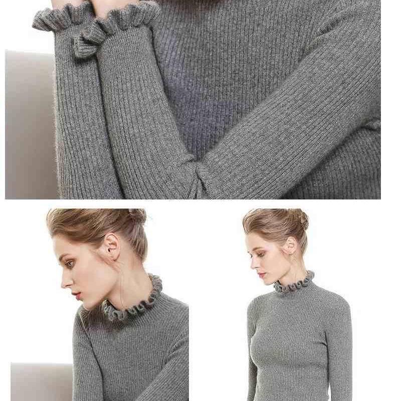 Half Turtleneck Ruffled Sweater Knitted Bottoming Slim Pullover Sweater Autumn and Winter