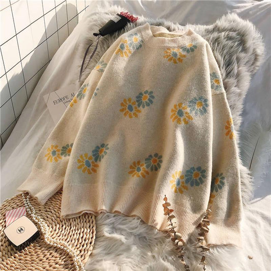 Style Flower Knit Cardigans Sweater Women O-Neck Loose Elegaht Thicked Pull Femme Print Short Casual Pullover Autumn Winter Women Knitted Sweater