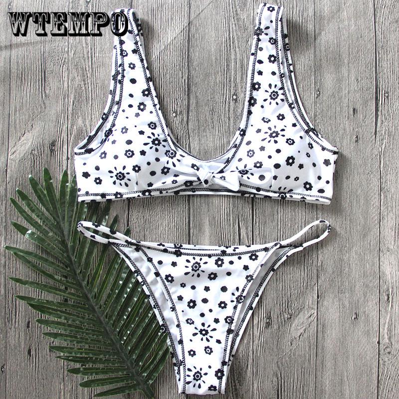 WTEMPO Fashion chest knotted printed bikini sexy split swimsuit