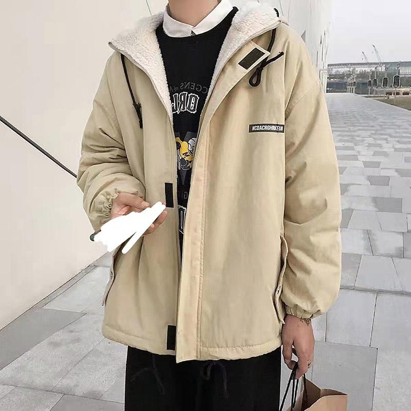 Winter Padded Jacket Men's Casual Trend Loose Hooded Lamb Velvet Padded Jacket Jacket Thickened Warmth and Velvet Padded Jacket