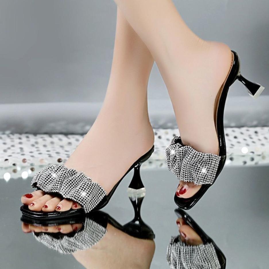 High-heeled Slippers Women's All-match Rhinestone Sandals and Slippers Temperament Stiletto Medium Heel Flip Flops