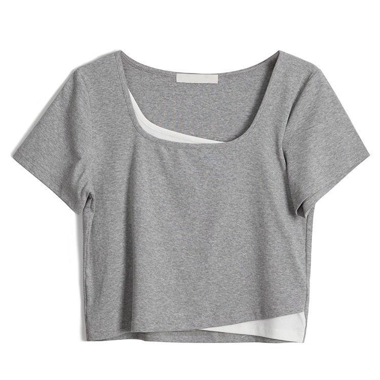 Spring Summer Women's Solid Color Short-sleeved Tops Fake Two-piece Stitching Short T-Shirts Are Thin Exposed