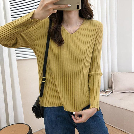 Autumn Winter V-neck Women Pullover Sweater Knitting Sweaters Casual Loose Korean Jumpers Winter Inside Bottoming Tops Long Sleeve Solid Basic Top
