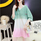 T-shirt Dress Stitching Color Gradient Women Dress Girl Loose V-Neck Batwing Sleeve Casual Long  Big Loose Home Comfort Outer Convenient