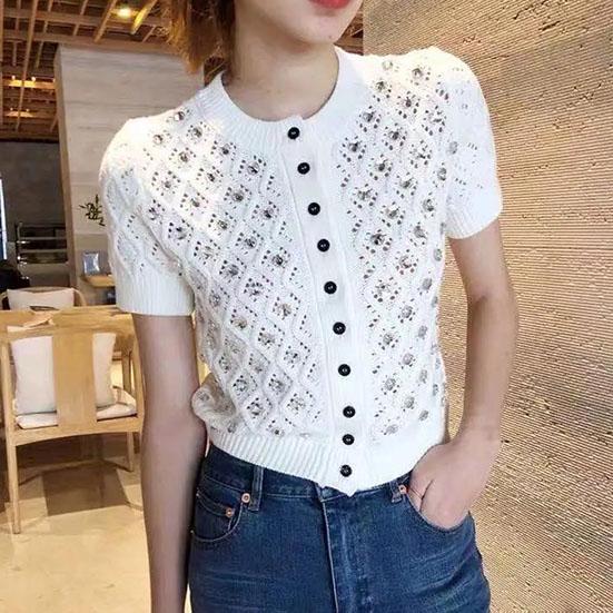 Spring and Summer Diamond Studded Short Sleeve Hollow Out Single Breasted Sweater Solid Color Temperament Slim Fitting Short Top