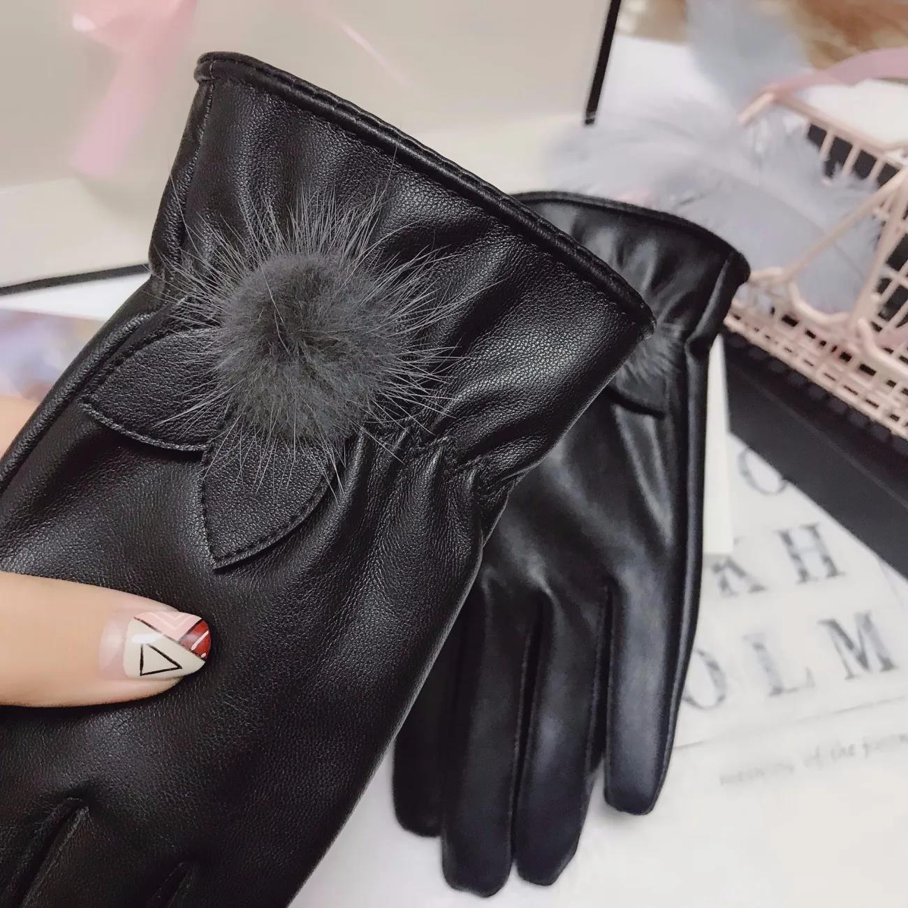 Mink Ball Leather Gloves Female Korean Version Cute Plus Velvet Warm Cold Waterproof Touch Screen Riding Driving