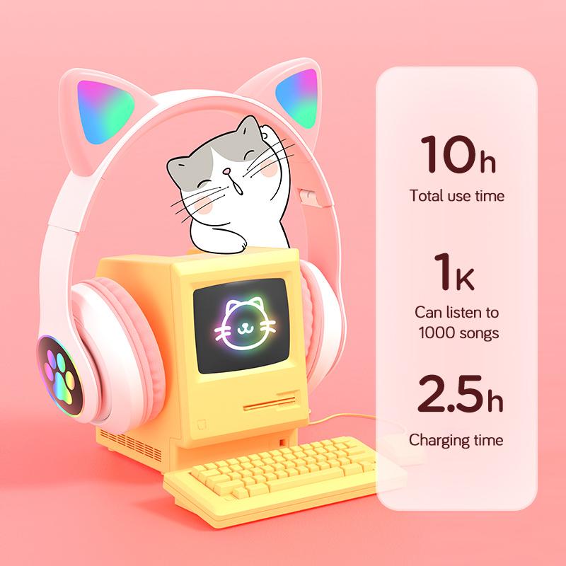 Cat Ear Headset Bluetooth 5.0 Bass Noise Reduction Adult Child Girl Headset Support Microphone