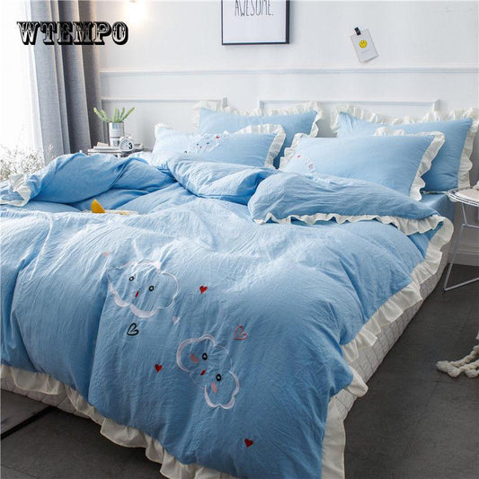 Princess Bedspread Bedding Sets Luxury 4pcs Pink Bed Skirt Lace Edge Duvet Cover Bedclothes