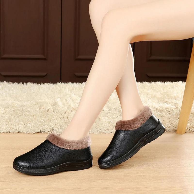 Winter Leather Women's Cotton Shoes Plus Fleece Warm Cotton Shoes Casual Non-slip Mother Shoes