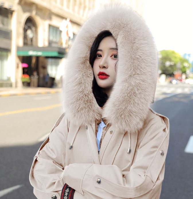 Winter Women's Parka Coat with Hood and Large Fur Collar Coat Plus Velvet Padded Padded Mid-length Over-the-knee Parka Coat