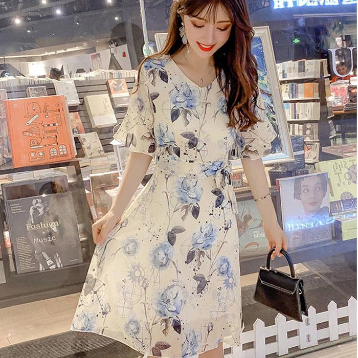 Pofulove S-4XL Women Summer Sweet Printed Chiffon Dress Slim Midi-length V-neck A-line Beach Skirt