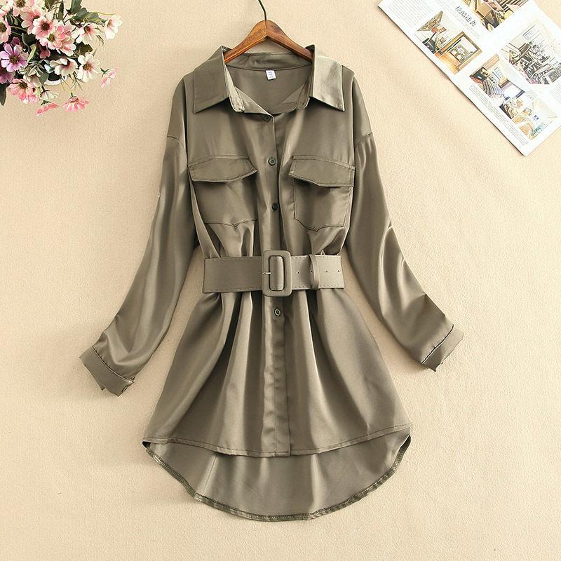 Spring  Autumn Women Dress Button Turn Down Collar  Long Sleeve Blouses Dress with Belt