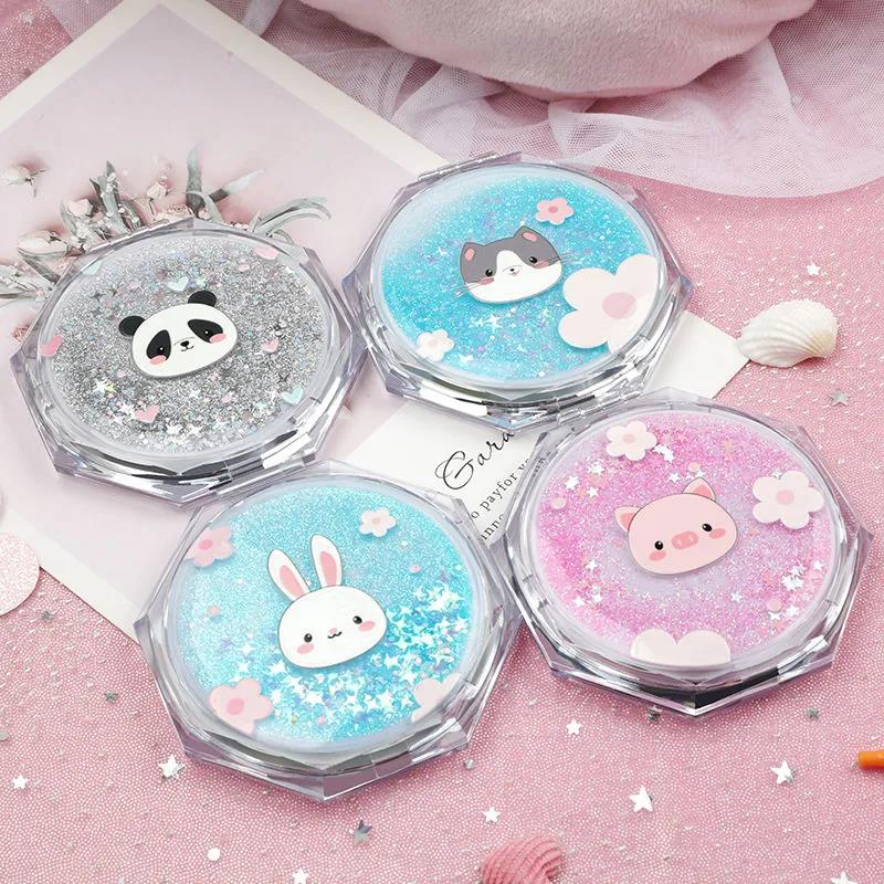 Woman Polygon Hand-held Makeup Mirror Mini Vanity Mirror Schoolgirl Flip Foldable Easy To Carry  Quicksand Sequins