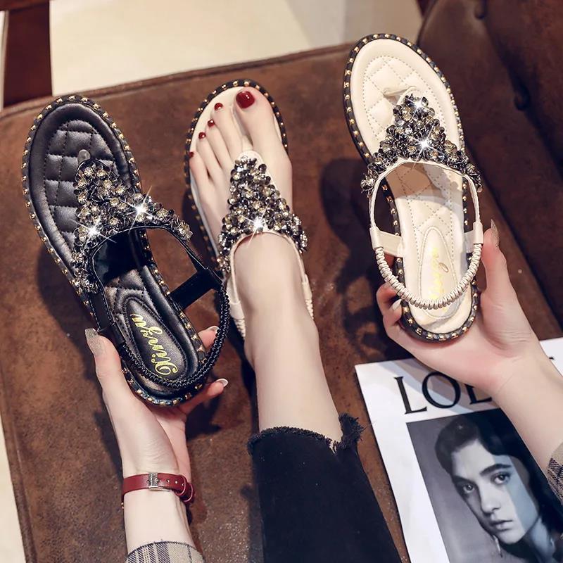 Large Size Women's Shoes Flat Sandals Women Summer Bright Face Flip Flops All-match Soft Bottom Non-slip Beach Shoes Outdoor Leisure Sandals