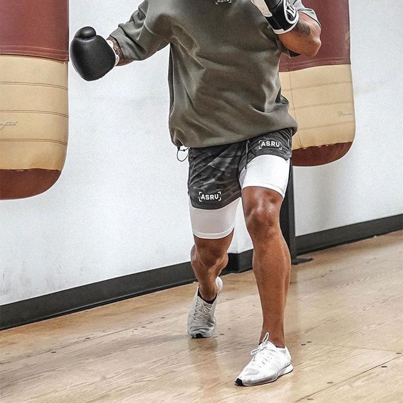 Summer Double-layer Shorts Men's Sports Fitness Running Lace-up Basketball Pants Quick-drying Training Three-point Pants