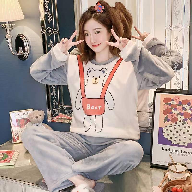 Coral Fleece Pajamas Set Cartoon Round Neck Thickened Flannel Home Wear Long Sleeves Warm Sleeping Suit Two-piece Set