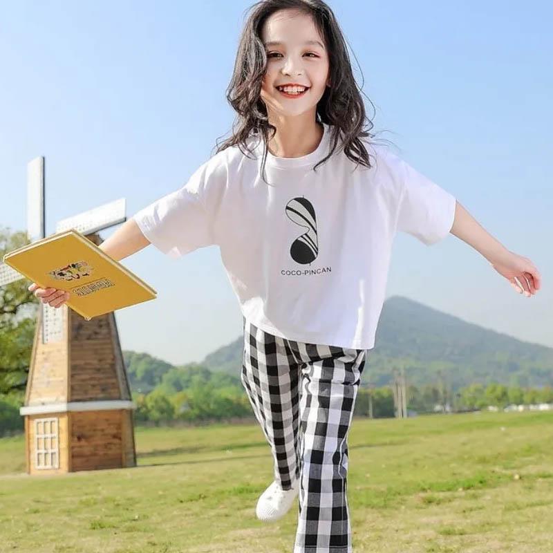 Girls Summer Suits Big Children's Pullover Round Neck Short-sleeved Tops Plaid Pattern Loose Cropped Pants Casual Breathable Two-piece Set