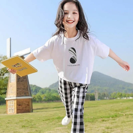Girls Summer Suits Big Children's Pullover Round Neck Short-sleeved Tops Plaid Pattern Loose Cropped Pants Casual Breathable Two-piece Set