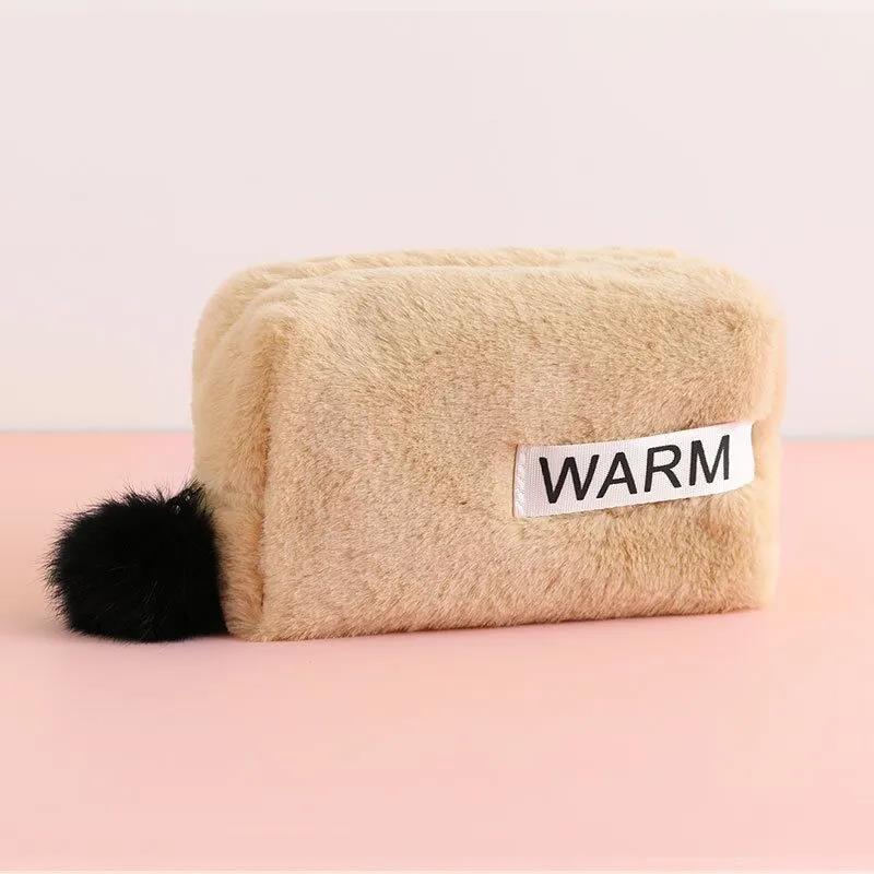 Winter Fur Cosmetic Bag Large Capacity Travel Multi-function Girl Plush Cosmetic Bag Fur Ball Decoration