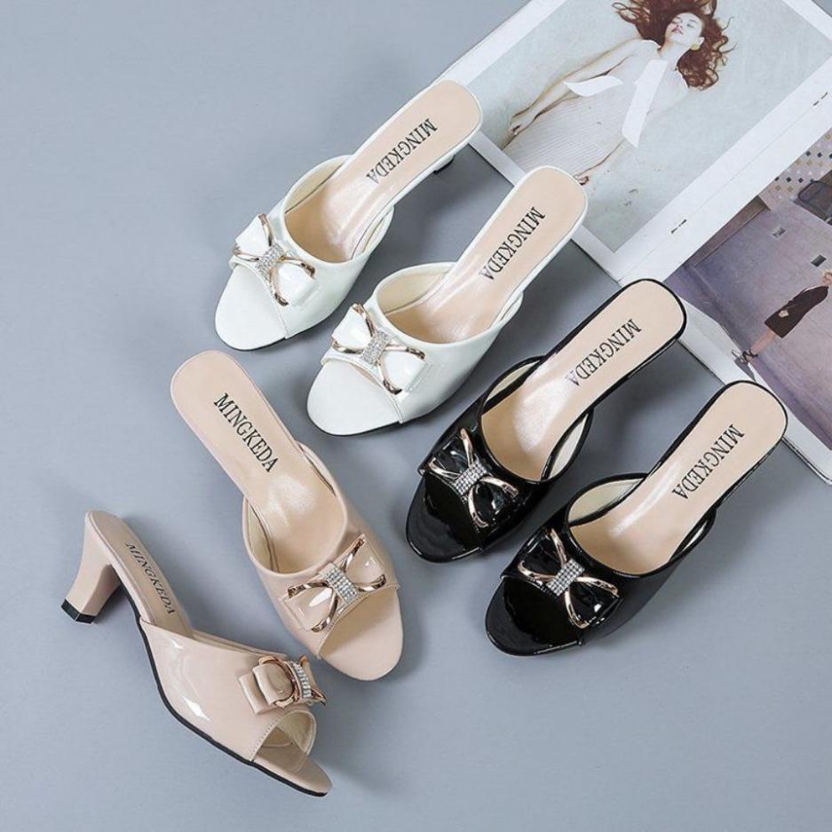 High-heeled Slippers Summer Wear Korean Style Bow Thong Stiletto Medium-heeled Women's Shoes
