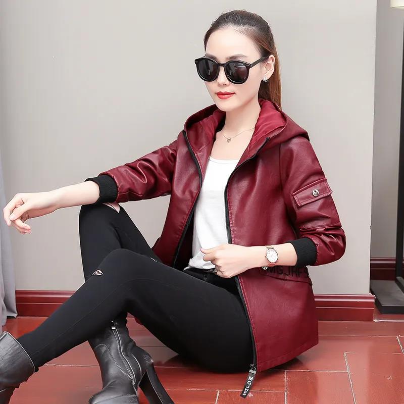 Autumn and Winter Fashion Slim Hooded Leather Ladies Short Jacket Pu Jacket Women's Motorcycle Jacket