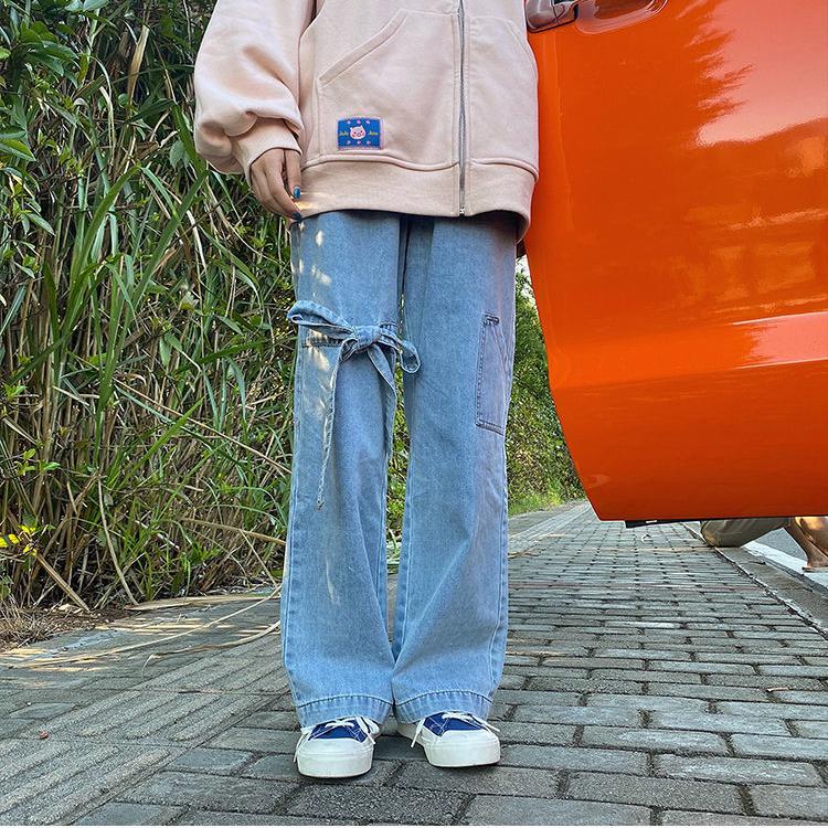 WTEMPO Jeans Women's Loose Spring and Summer High Waist Straight-leg Pants Big Bow Decoration Young and Energetic