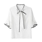 Large Size Women's Short-sleeved Chiffon Shirt Summer Shirt Loose and Thin Bow Ruffled Blouse Black and White Shirt Elegant Temperament Lady Fan