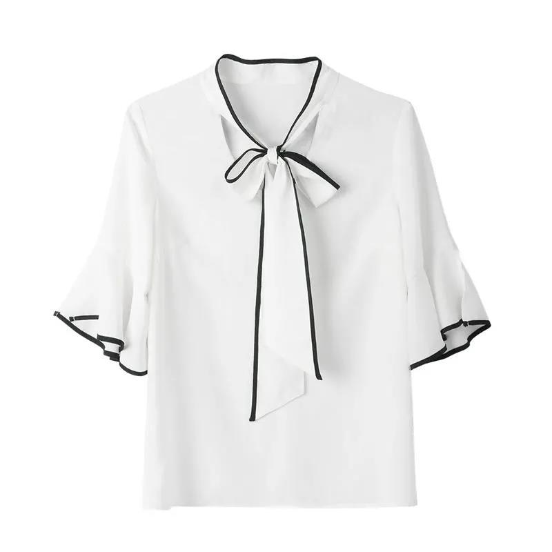 Large Size Women's Short-sleeved Chiffon Shirt Summer Shirt Loose and Thin Bow Ruffled Blouse Black and White Shirt Elegant Temperament Lady Fan