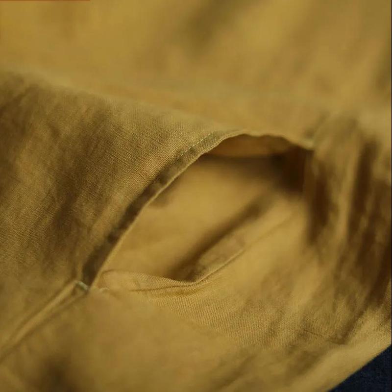 Breathable Linen Fabric Women Dress Loose Turn-down Collar Casual Loose Big Pocket Short Sleeve Buttons Dress