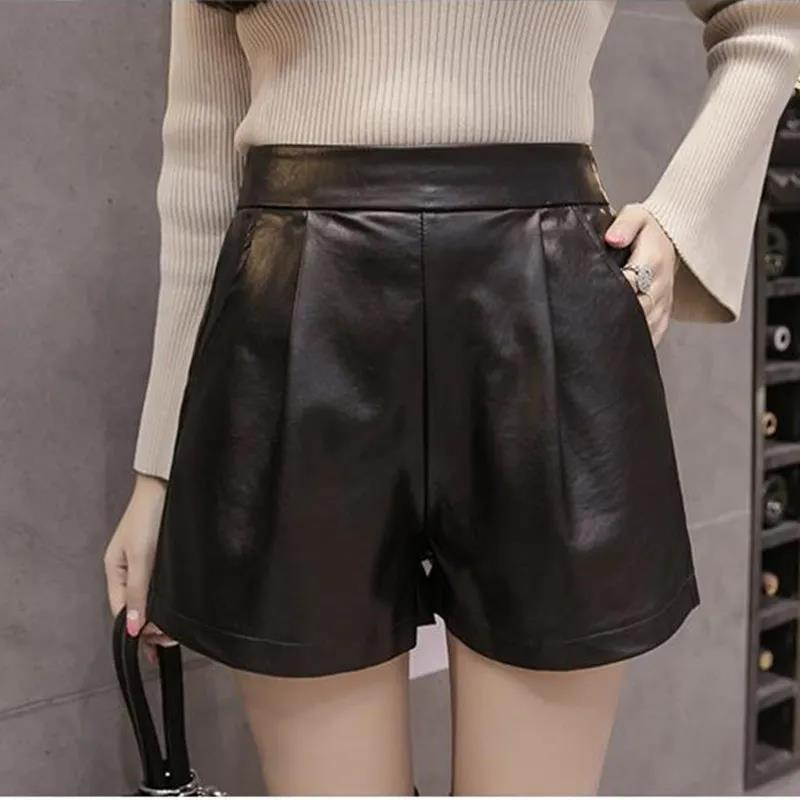 Autumn and Winter Pu Leather Shorts Women's Elastic Waist Large Size Loose Wide-leg Pants Lace Edge Bottoming A-line Boots Pants