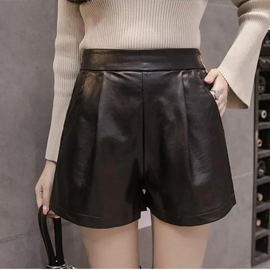 Autumn and Winter Pu Leather Shorts Women's Elastic Waist Large Size Loose Wide-leg Pants Lace Edge Bottoming A-line Boots Pants