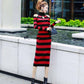 European and American Autumn  Winter Sexy Soff-shoulder Turtleneck Sweater Dress Long Slim Striped Knitted Dress Bottoming Pencil Dress