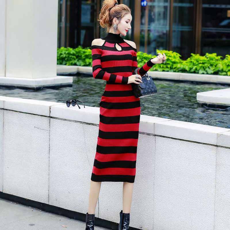 European and American Autumn  Winter Sexy Soff-shoulder Turtleneck Sweater Dress Long Slim Striped Knitted Dress Bottoming Pencil Dress