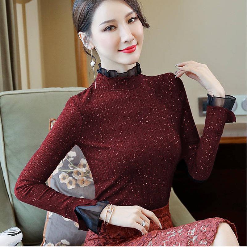 Pofulove Women Plus Size Velvet Turtleneck Winter Long Sleeve Lace Tight Sexy Sweater Pullover