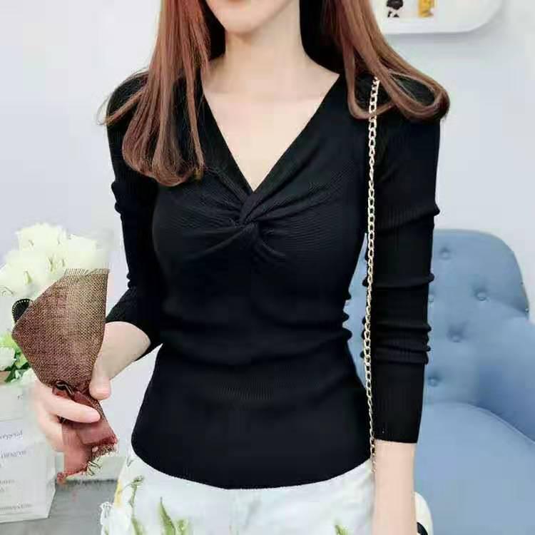 Deep V-neck Cross Short Lazy Wind Pullover Sweater Women Jumper Knitting Slim Short Top