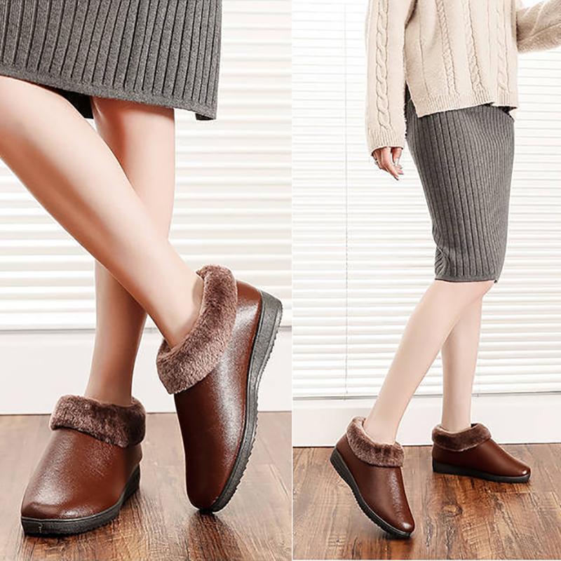 Winter Leather Women's Cotton Shoes Plus Fleece Warm Cotton Shoes Casual Non-slip Mother Shoes