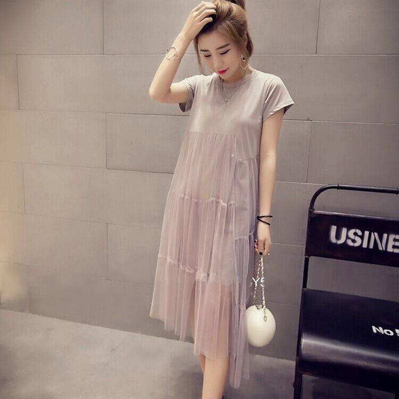 Mid-length Belly Mesh Stitching Dress Summer Dress Plus Size Fat Sister Loose and Thin T-shirt Skirt