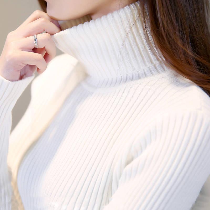 Pofulove Turtleneck Bottoming Sweater Women's Autumn Winter White Pullover Slim Long-sleeved Thick