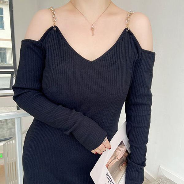 XXXXL Plus Size Women's Clothing Chain Sexy Babes Sling Dress Hollow Out Strapless Long Sleeve V-neck Black Skirt