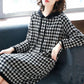 XL-XXXXXXL Houndstooth Mid-length Sweater Dress Women Spring and Autumn Plus Size Hooded Long Sleeve Loose Dress