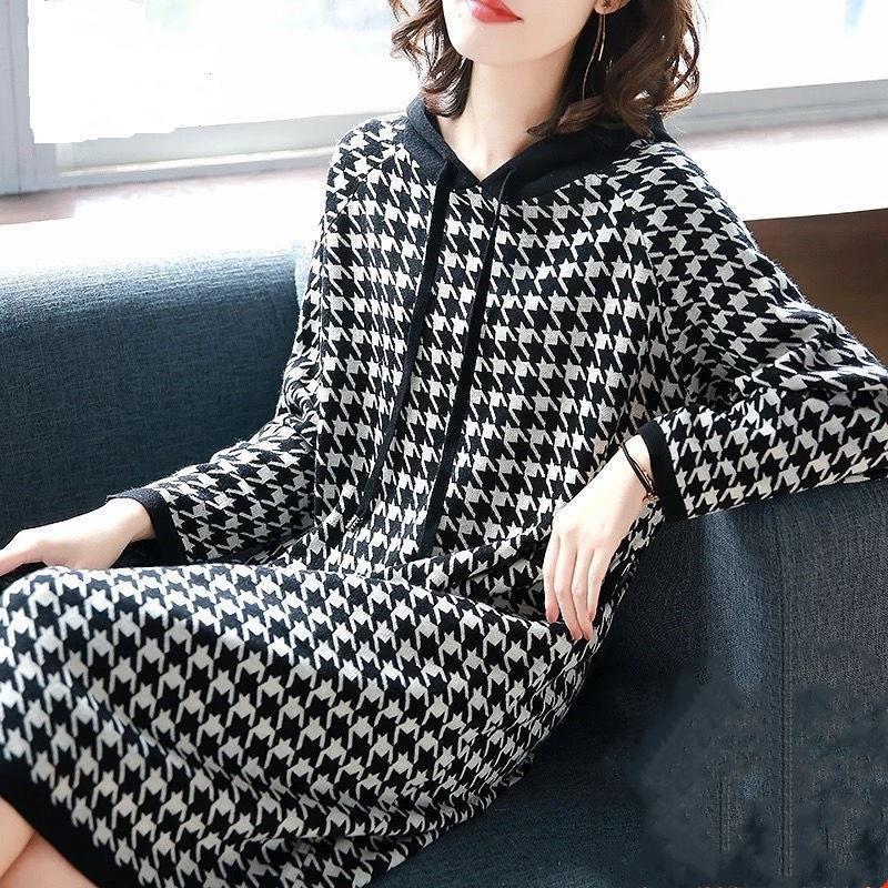XL-XXXXXXL Houndstooth Mid-length Sweater Dress Women Spring and Autumn Plus Size Hooded Long Sleeve Loose Dress