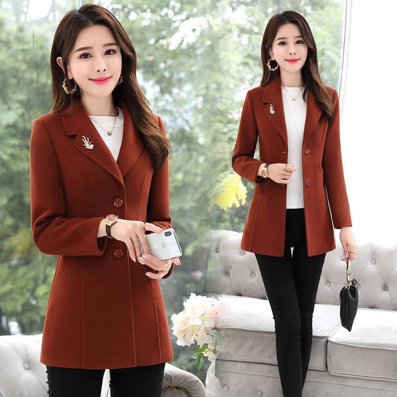 Autumn Winter Elegant Brooch Women Coats Warm Woolen Long Sleeve Slim Outwear Lapel Cardigan Jacket