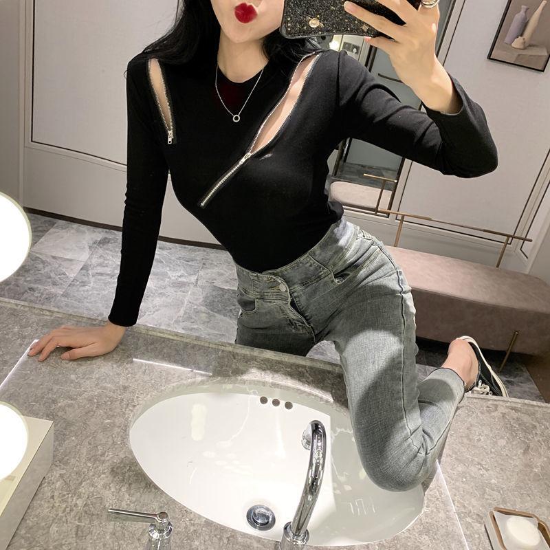 Scheming Zipper Stretch Fashion Top All-match Slim Solid Color Jacket Long-sleeved Knitted Sweater Design