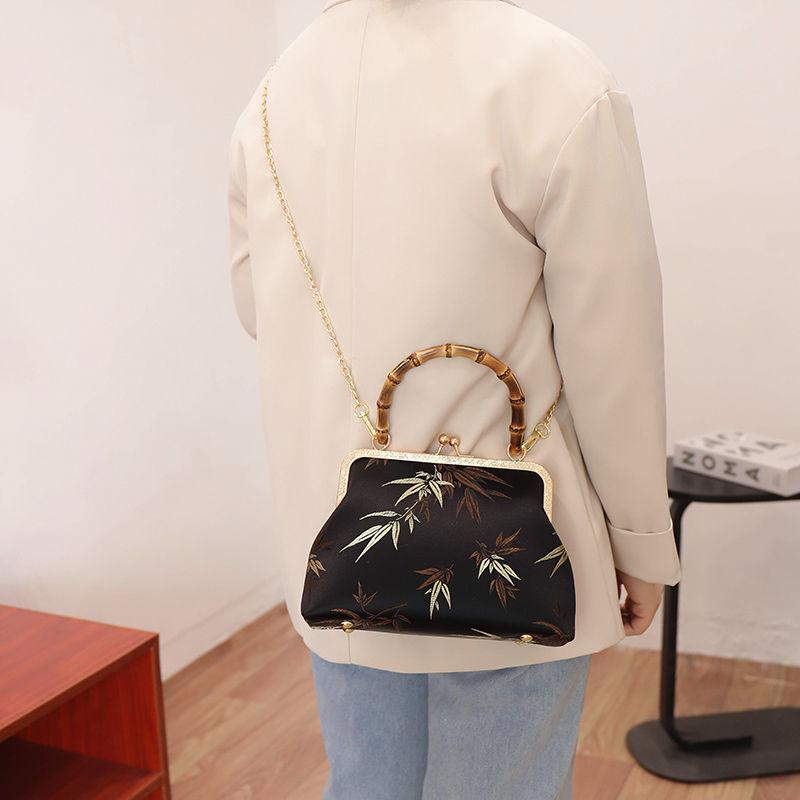Ethnic Style Women Silk Bamboo Leaves Printing Handbag Messenger Dual Purpose Exquisite Elegant Doctor Bag