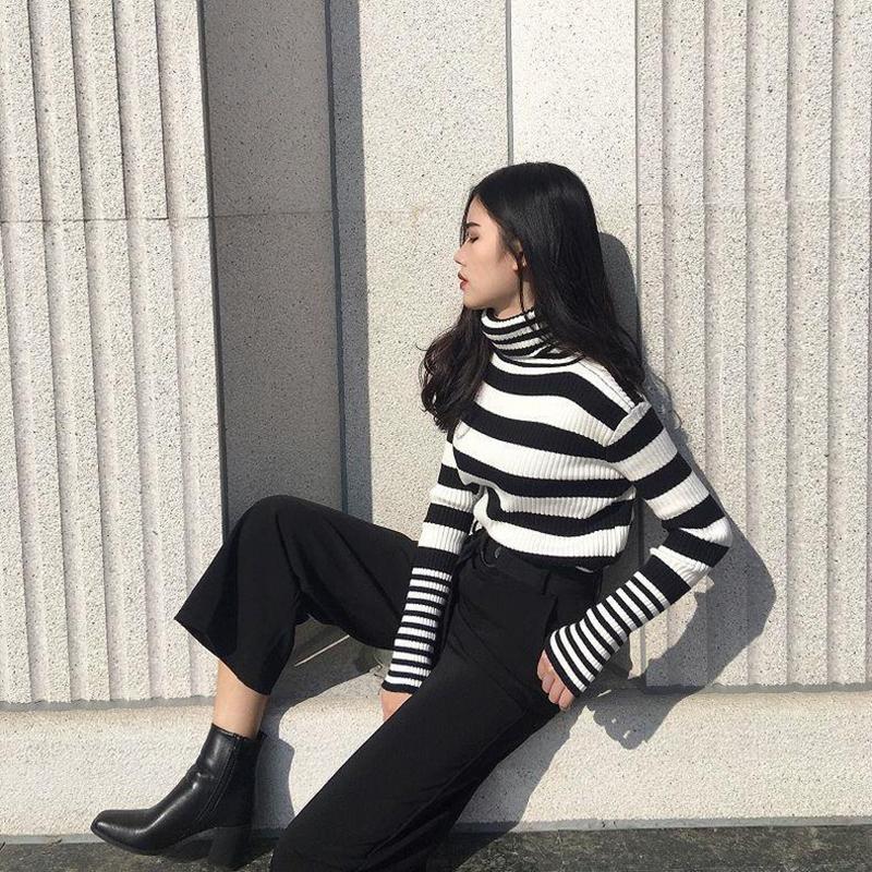 Sweater Women's Turtleneck Knitwear Black and White Striped Pullover Korean Slim Top Trendy Sweater Autumn and Winter Fashion