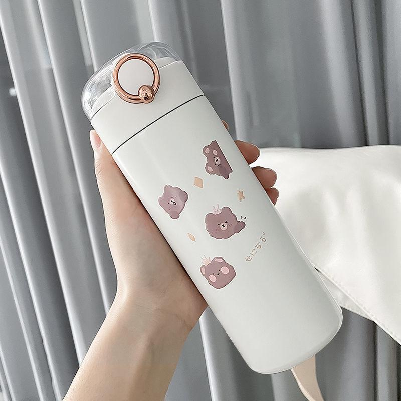 350/480ml Cartoons Stainless Steel Vacuum Flask Coffee Tea Milk Travel Straw Cup Cute Bear Water Bottle Insulated Thermos